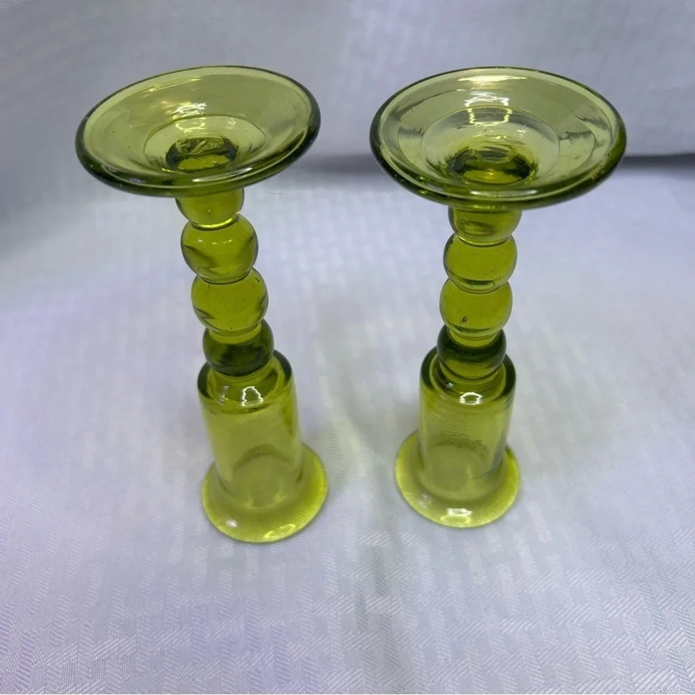 Vintage Pair Jamestown Glasshouse Hand Blown Green Glass Candle Holders
